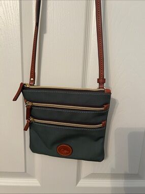 Dooney and Bourke Crossbody Triple-Zip Bag in Dark Green with Brown Trim